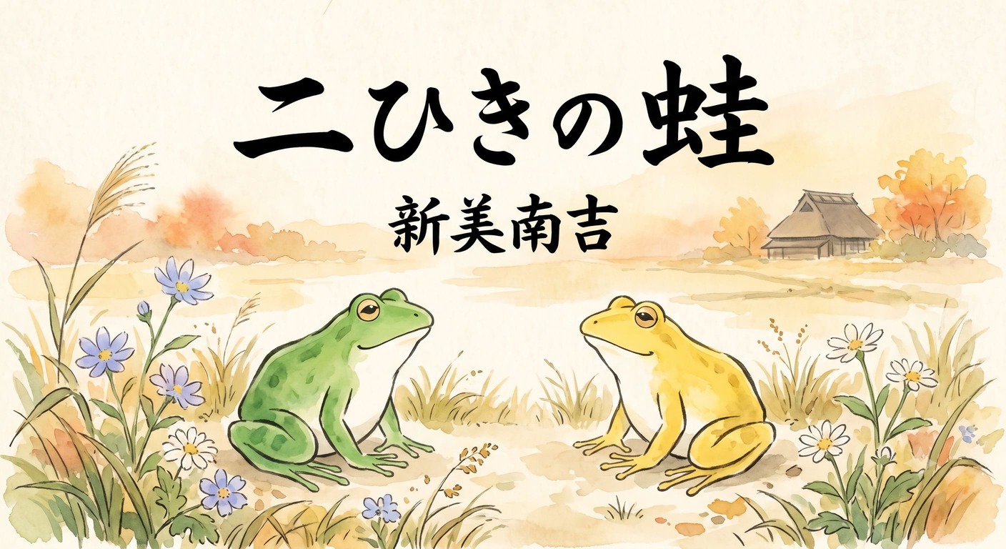 Les deux grenouilles dans le champ avec la calligraphie du titre.