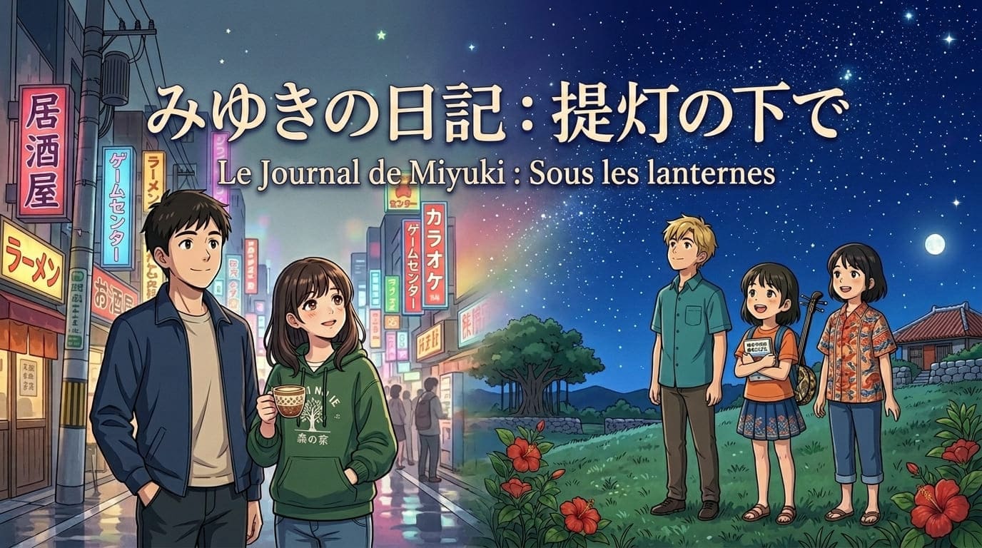 Image d'introduction. Ciel nocturne partagé entre Tokyo et Okinawa. Titre du journal de Miyuki incrusté.