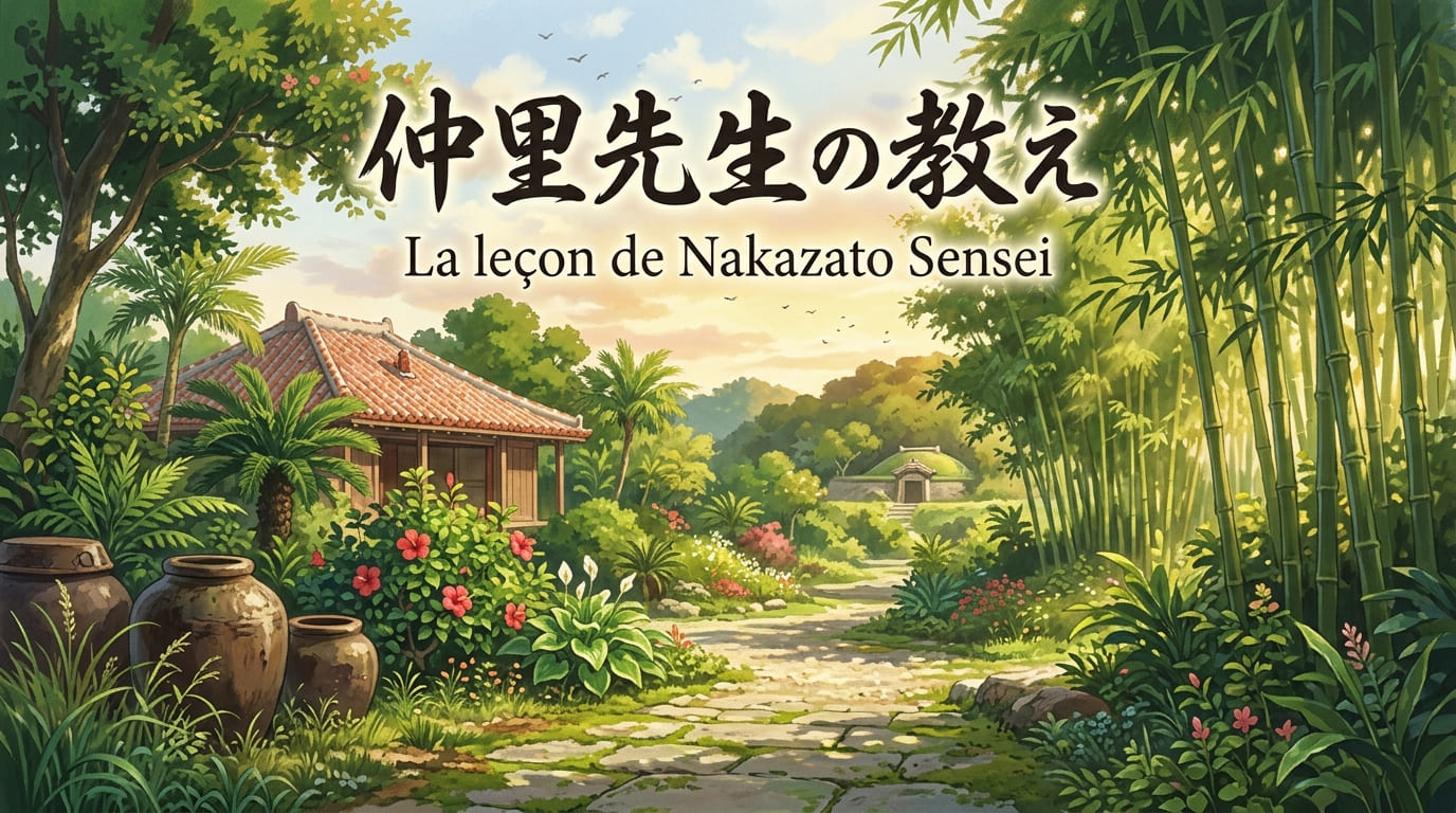 Un plan d'ambiance serein du lieu d'entraînement d'Okinawa (jardin traditionnel, bambous, jarres, avec peut-être la tombe au loin). Le titre 仲里先生の教え est magnifiquement calligraphié au centre. Les 20% du bas sont sombres et vides pour le texte.