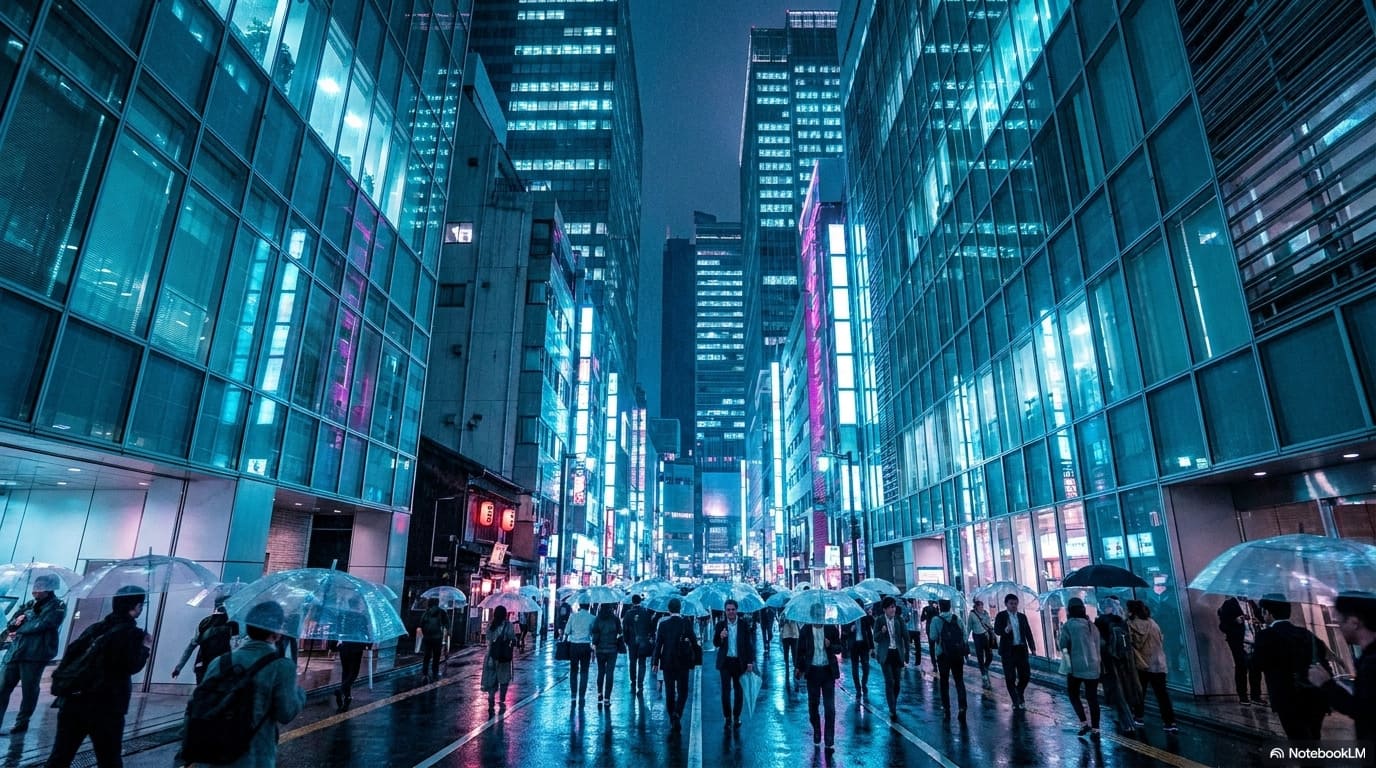 Une rue animée de Tokyo à la tombée de la nuit, illuminée par d'innombrables enseignes colorées et de lanternes rouges traditionnelles.