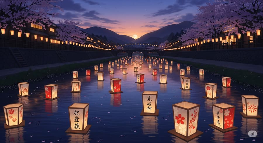 Des lanternes flottantes pour la fête d'Obon au Japon