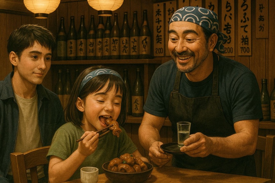 Yuko et Kenta dans l'izakaya du père à Okinawa