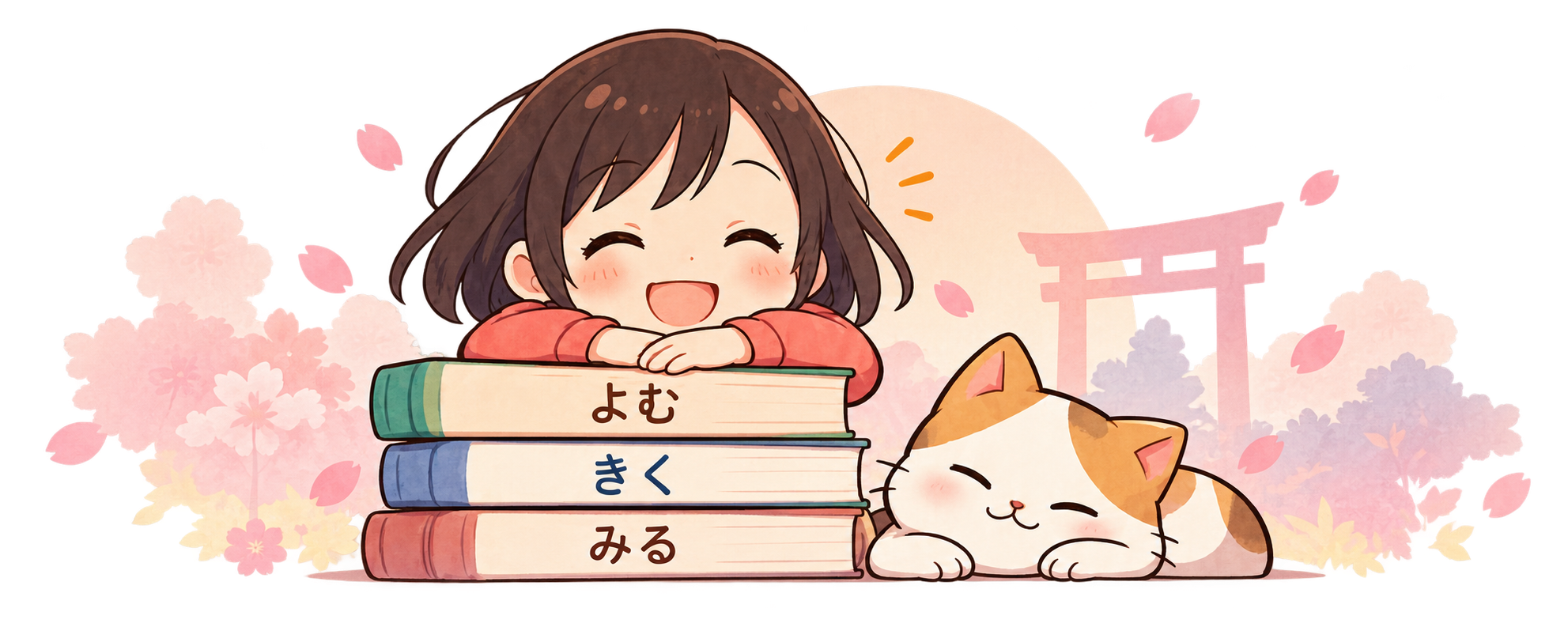 Une petite fille souriante et un chat, près de trois livres : lire, écouter, regarder.